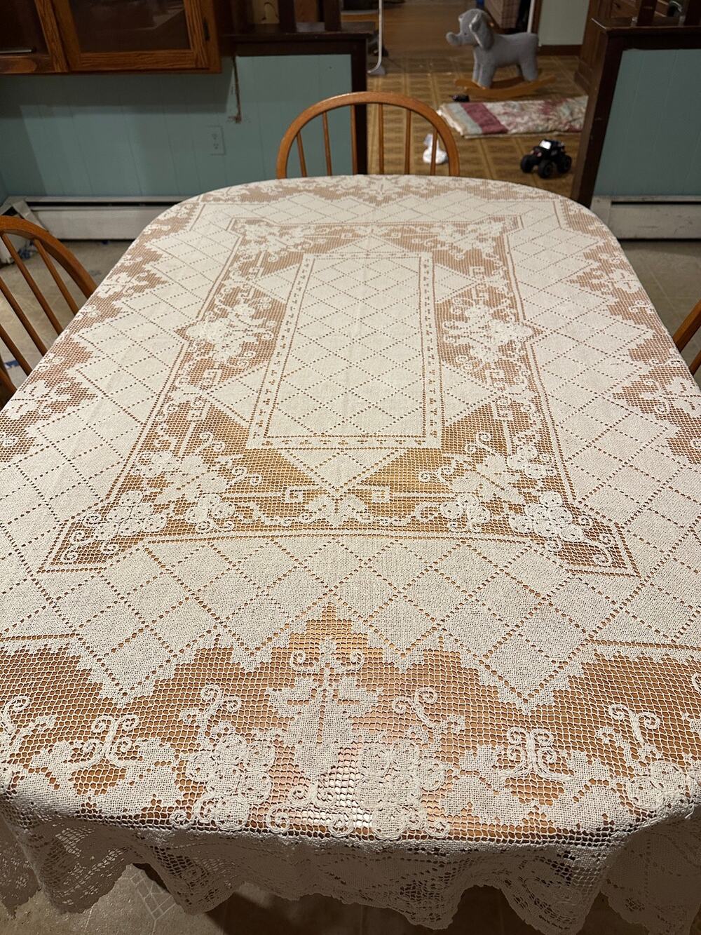 Cream Lace Tablecloth Oblong Rectangle Floral Medallion Cottagecore 54x67